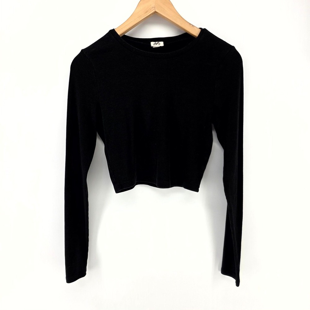 Garage Cropped Top Womens Large Black Ribbed‎ Long Sleeve Crew Neck Casual Basic